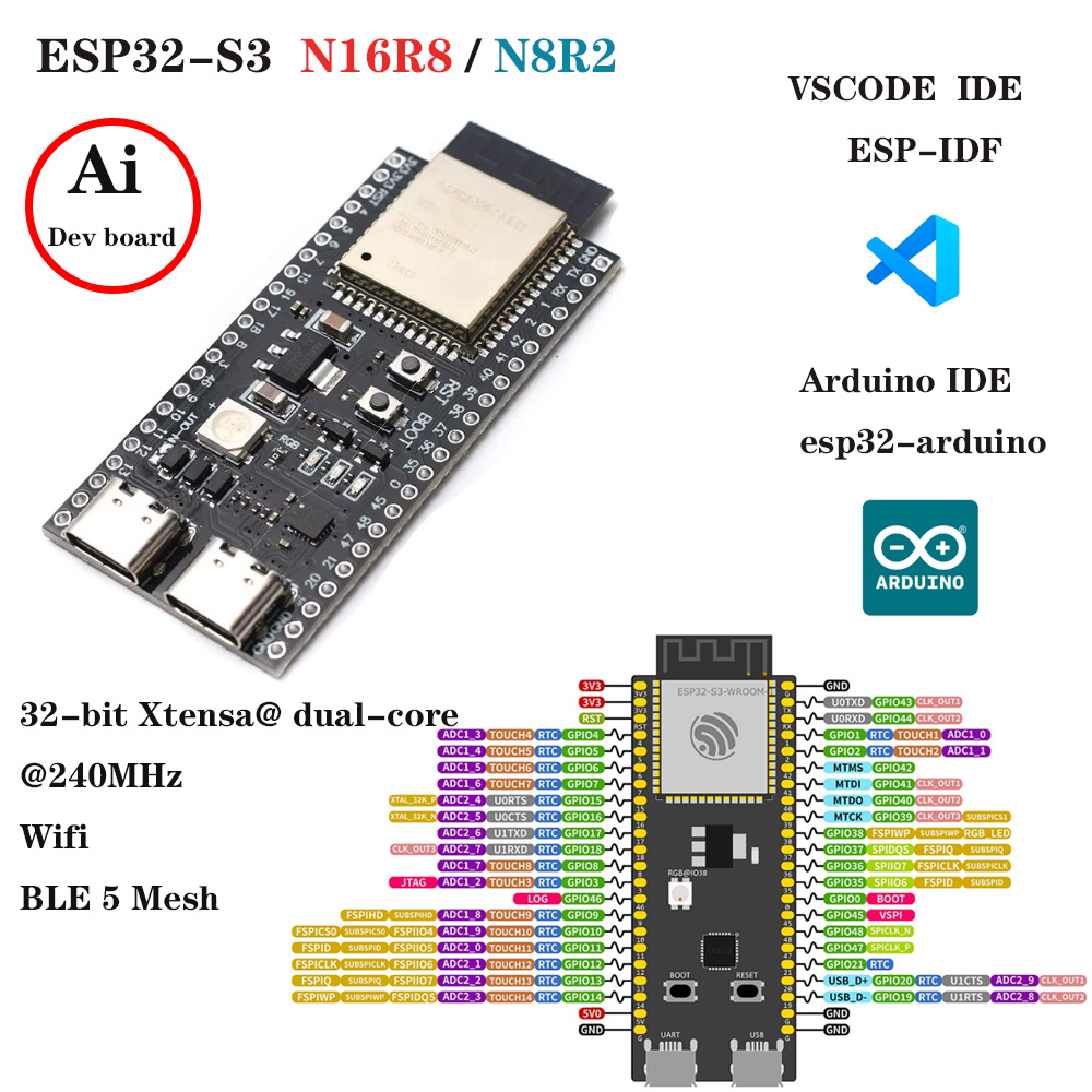 Esp32 S3 Development Board Lot - 拡張アダプターキット付きESP32-S3開発ボード 2.4G Wifi BTモジュール ESP32-S3-1 N8R2